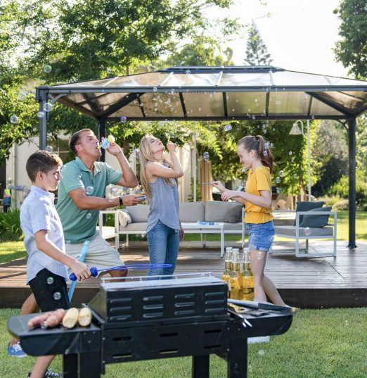 Martinique 3m x 4.3m Garden Gazebo in Grey Aluminium with Polycarbonate Roof