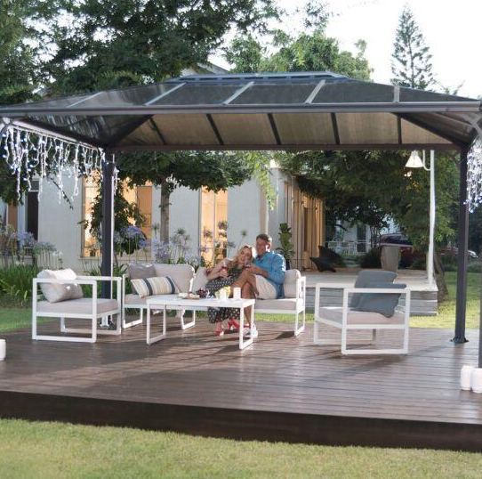 Martinique 3m x 4.3m Garden Gazebo in Grey Aluminium with Polycarbonate Roof