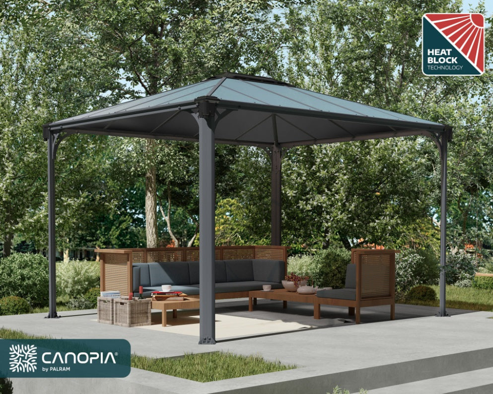 Martinique 3m x 3.6m Garden Gazebo in Grey Aluminium with Polycarbonate Roof