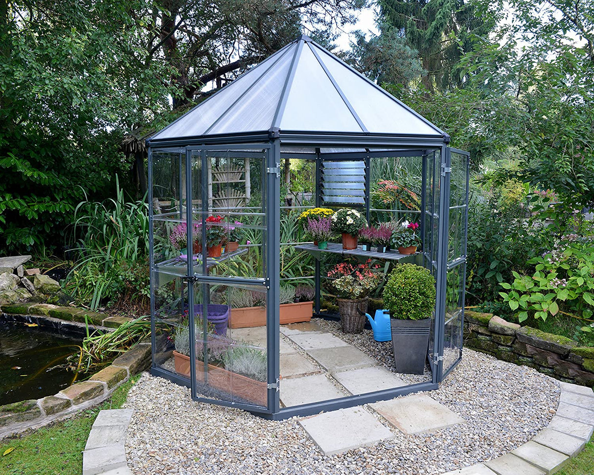 Oasis 8' Hexagonal Greenhouse - Grey Frame & Hybrid Polycarbonate Panels