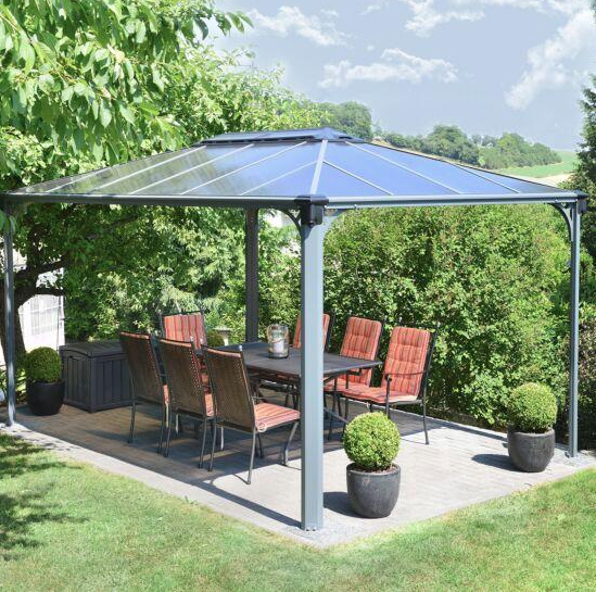 Martinique 3m x 4.3m Garden Gazebo in Grey Aluminium with Polycarbonate Roof
