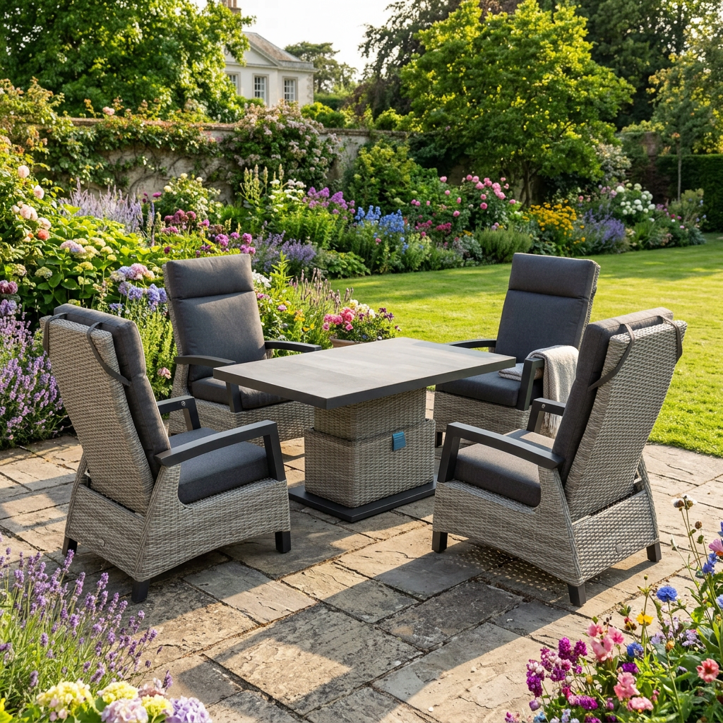 Innovators Camilla Rattan Reclining 4 Seat Dining Set Height Adjustable Table