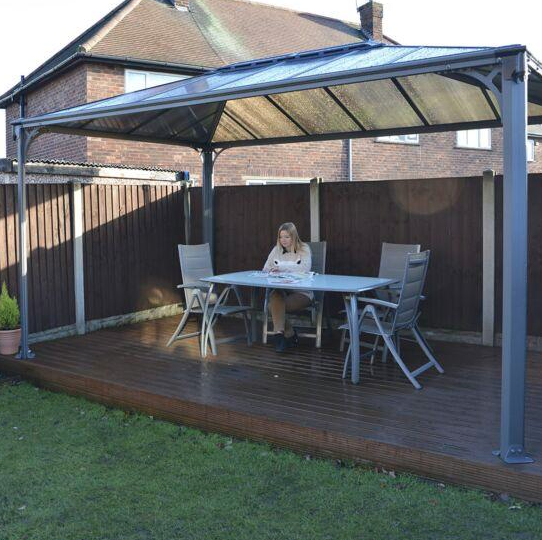 Martinique 3m x 4.3m Garden Gazebo in Grey Aluminium with Polycarbonate Roof