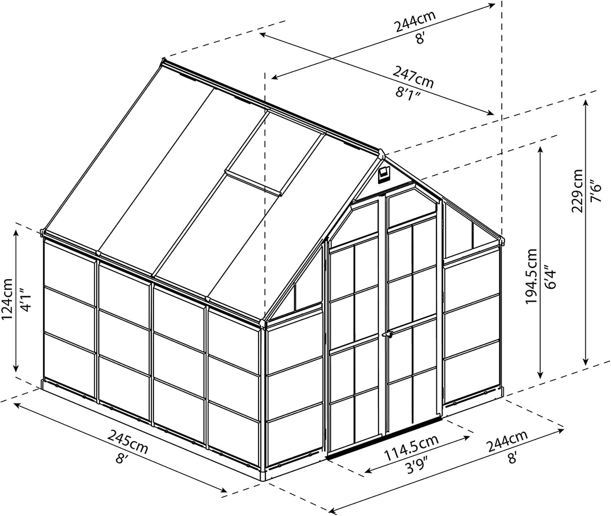 Balance 8' x 8' Greenhouse - Silver Frame & Hybrid Polycarbonate Panels