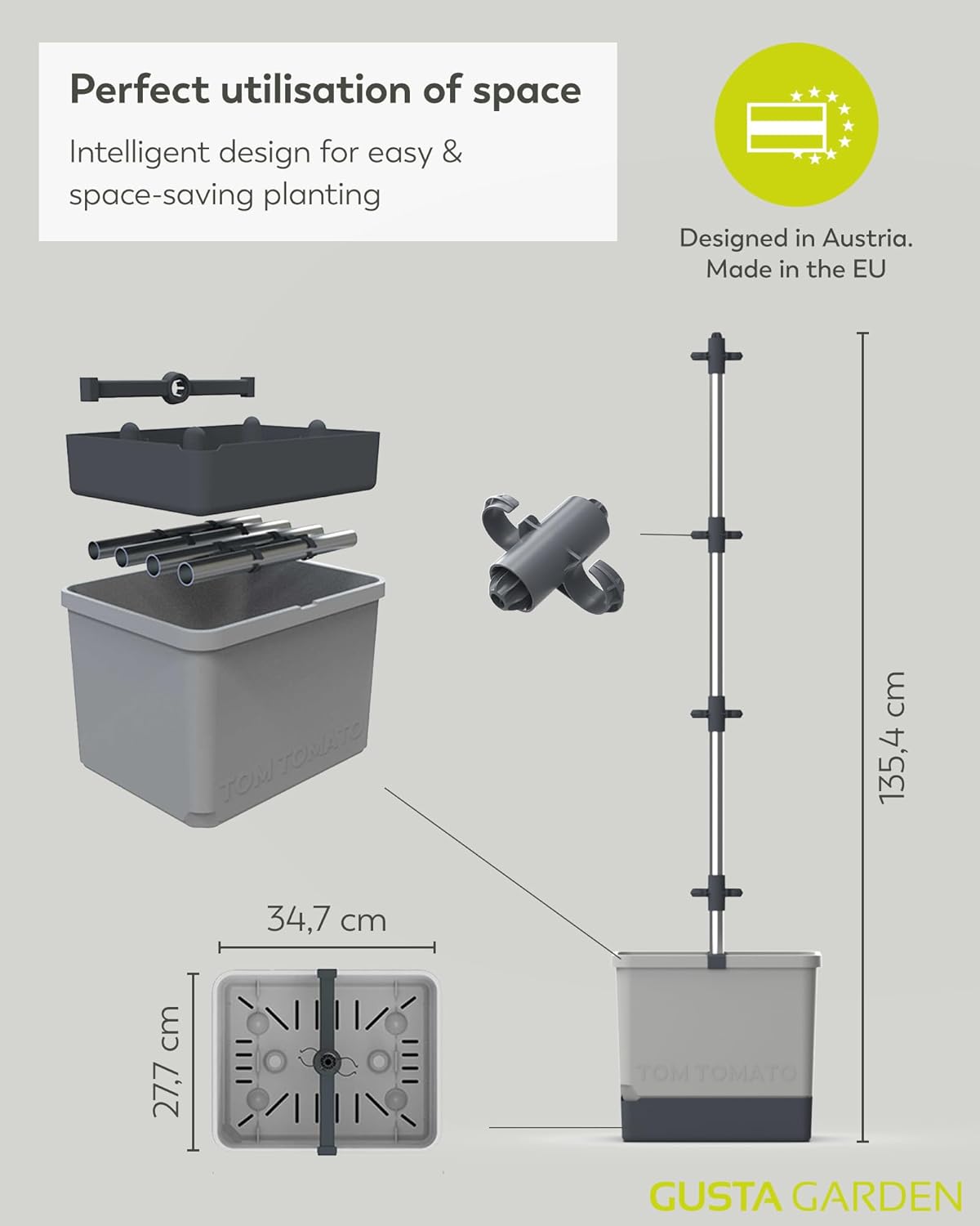 Tom Tomato Planter Light Grey - Climbing Aid, Self-Watering System & Plant Clips