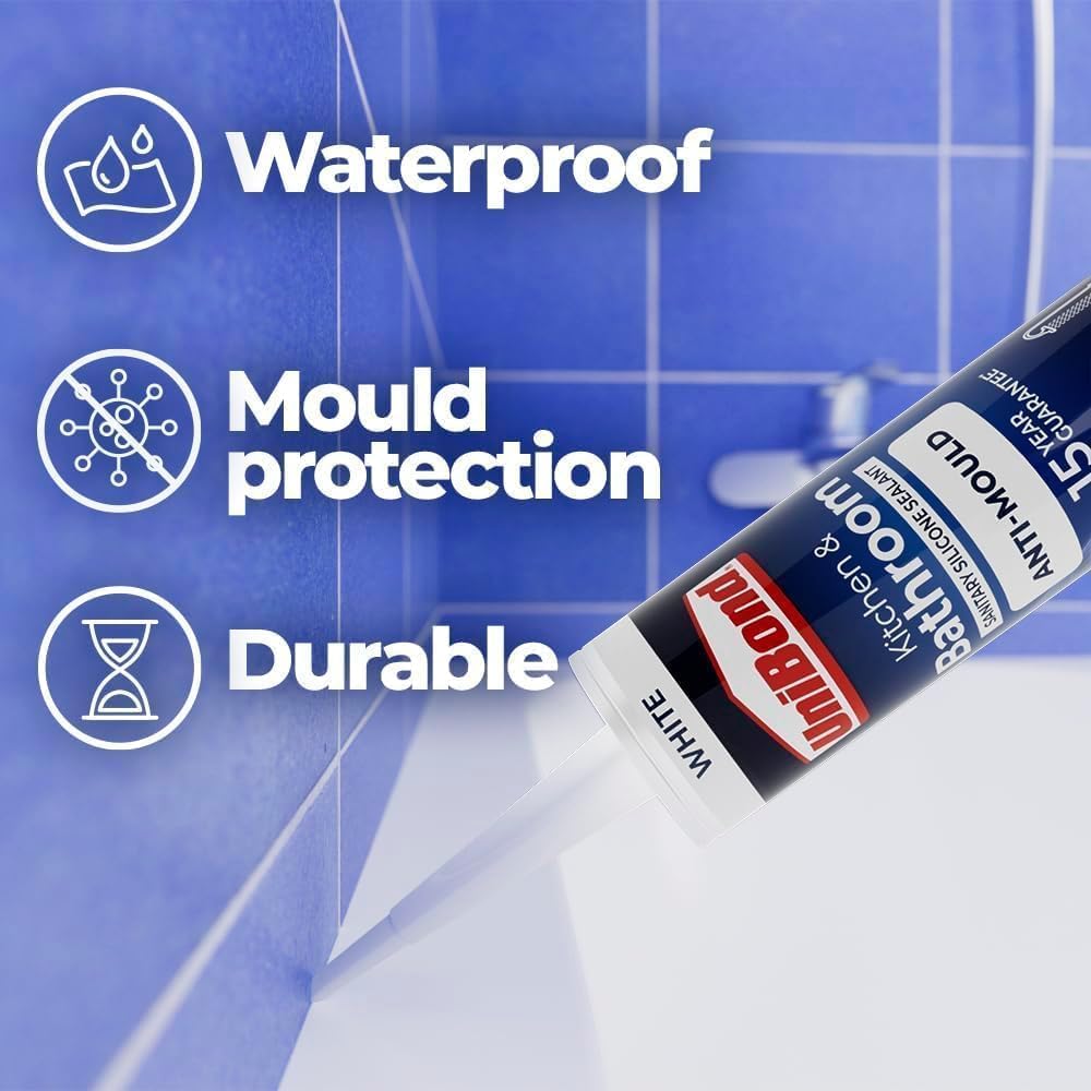 UniBond Anti-Mould White, Waterproof Mould Protection Kitchen & Bathroom Sealant