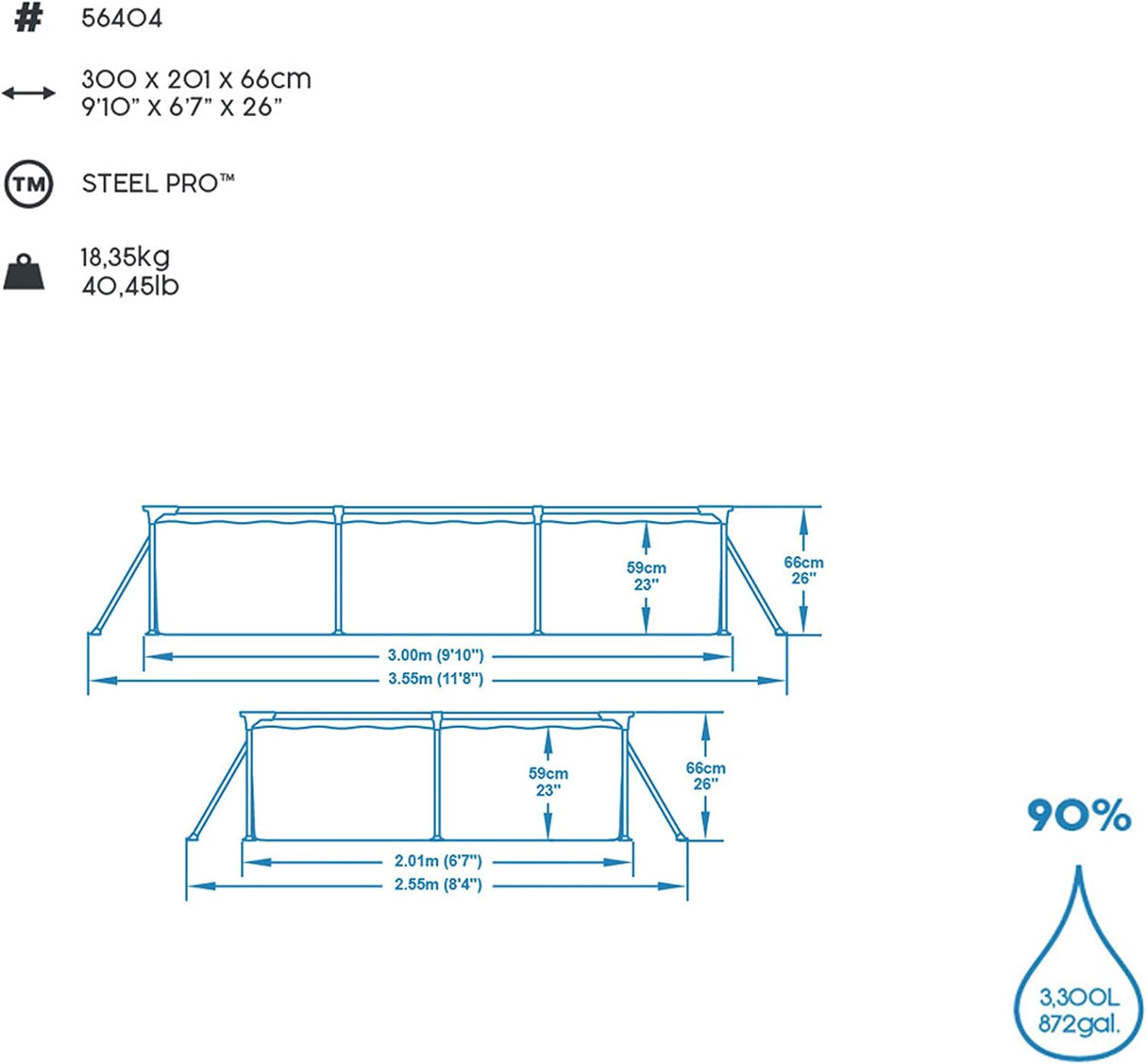 Bestway 9ft x 6.7ft x 26in Navy Blue Rectangle Steel Pro Above Ground Pool