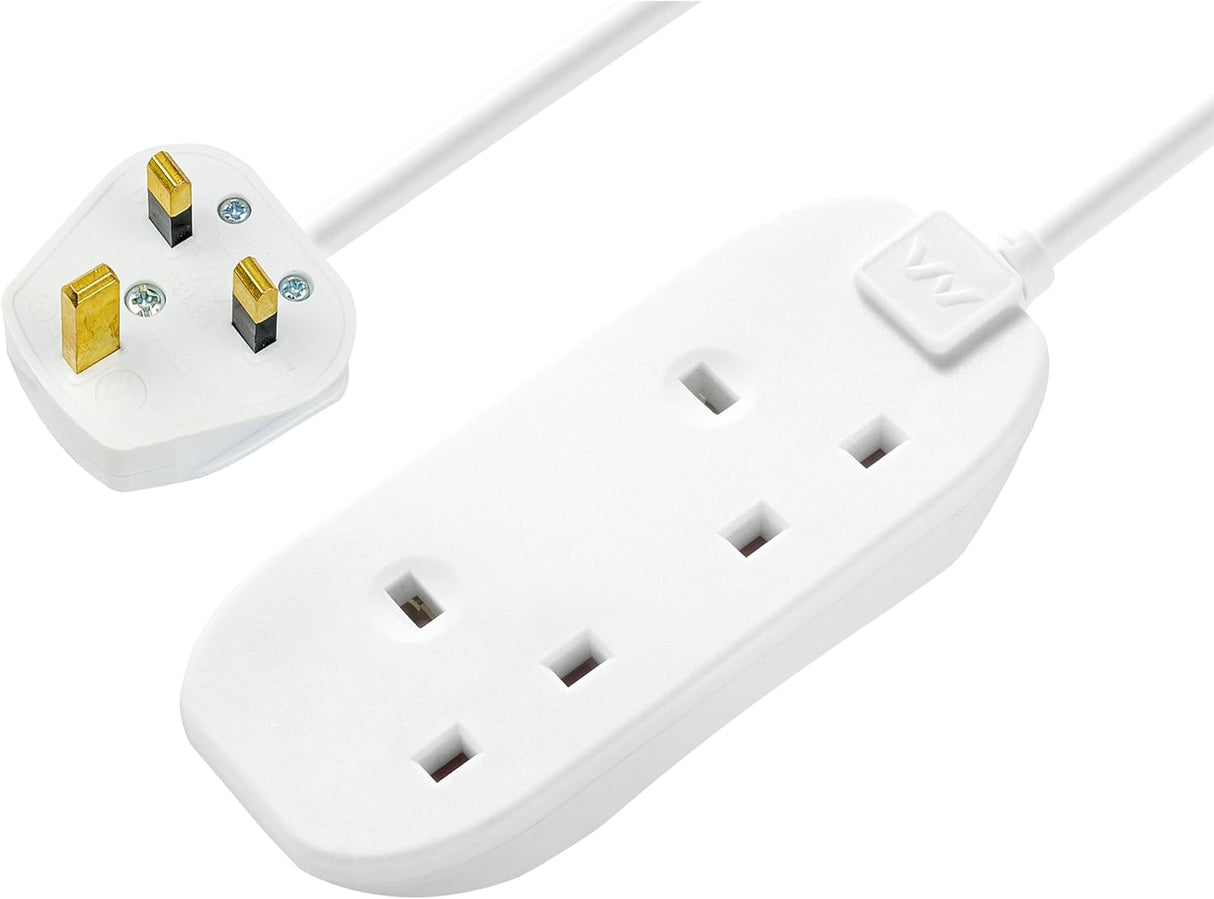Two Socket Extension Lead, Unswitched, 5 Metre Cable, 2-Way Plug Extension Cable