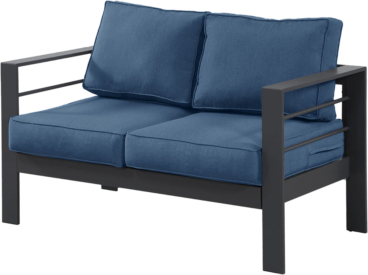 Wisteria Lane Aluminium Love Seat - Grey with Blue Cushions