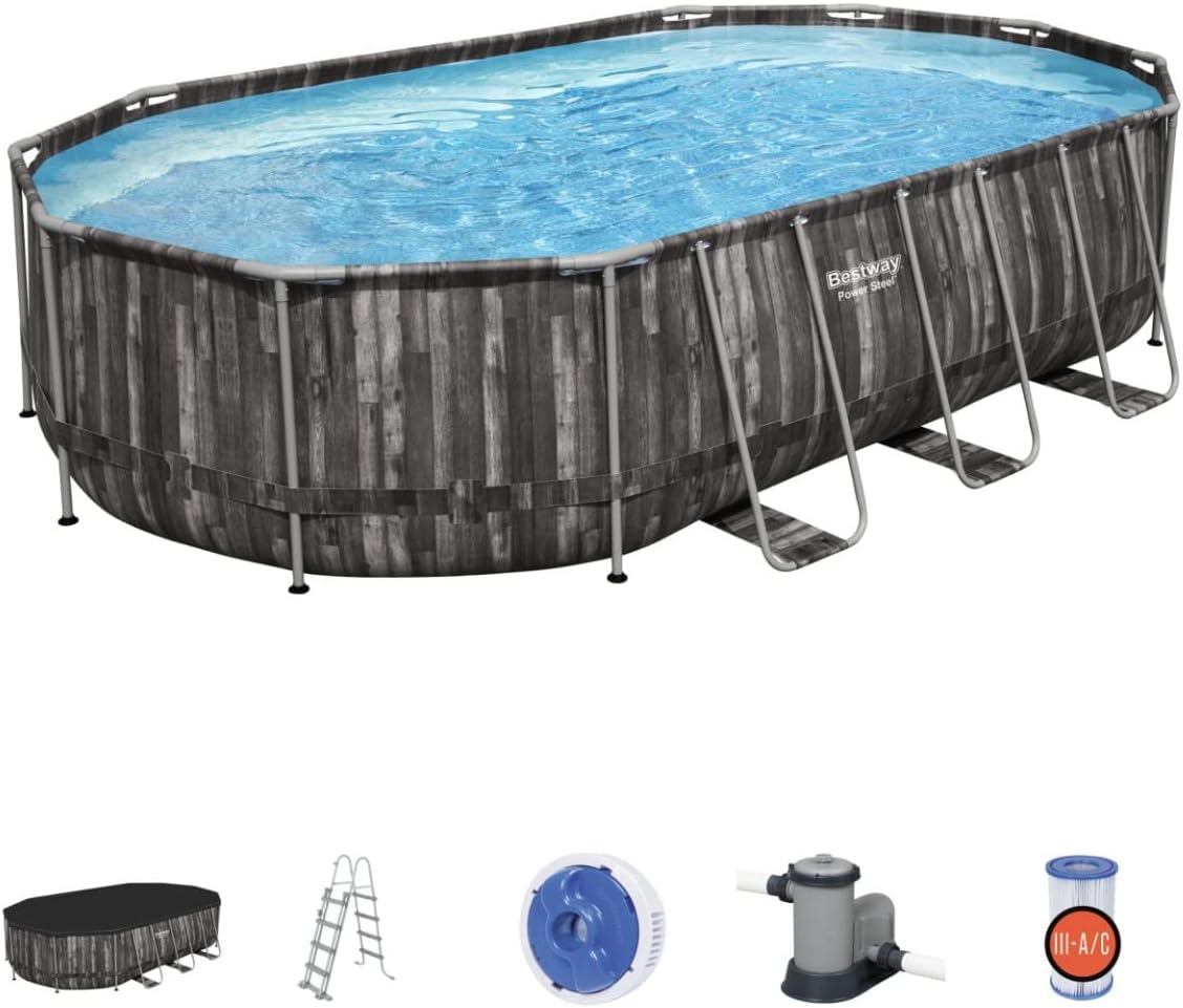 Bestway 20ft x 48in Wood Print Oval Power Steel Above Ground Pool Set