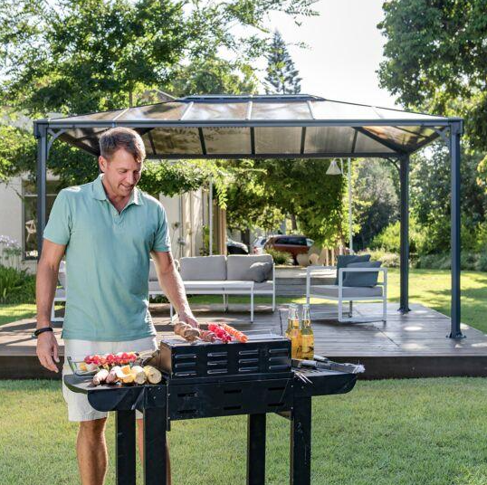 Martinique 3m x 4.3m Garden Gazebo in Grey Aluminium with Polycarbonate Roof