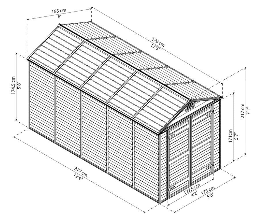 Skylight 6x12 ft Garden Shed - Brown