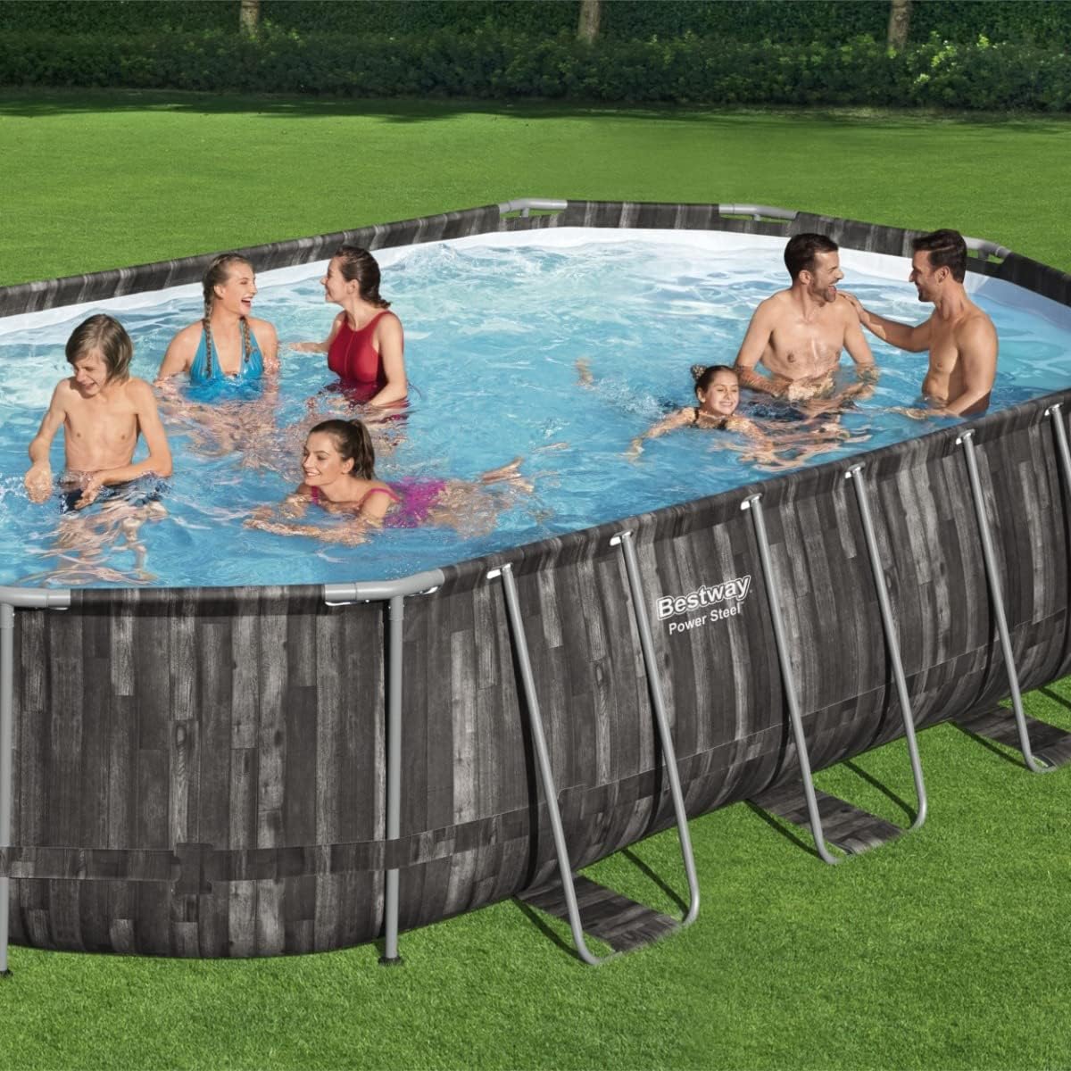Bestway 20ft x 48in Wood Print Oval Power Steel Above Ground Pool Set