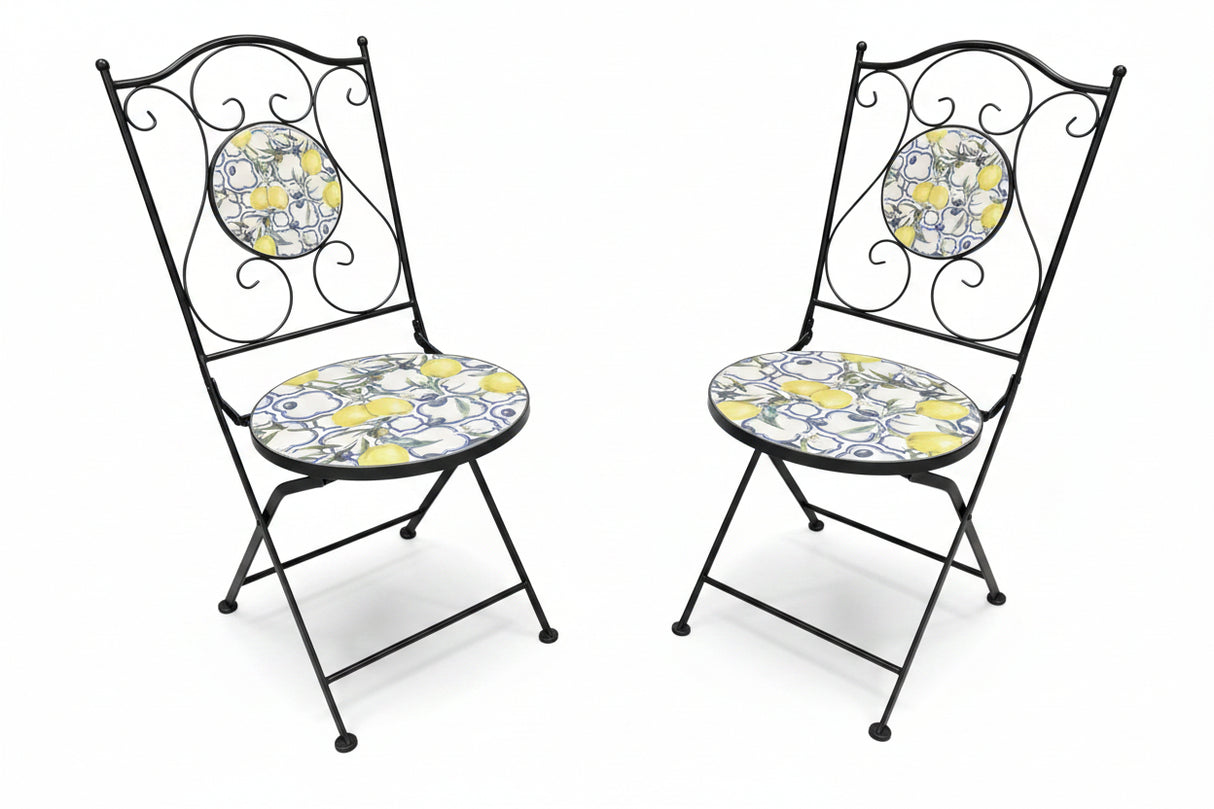 Lemon and Olive Print Mosaic Metal Bistro Pair of Chairs