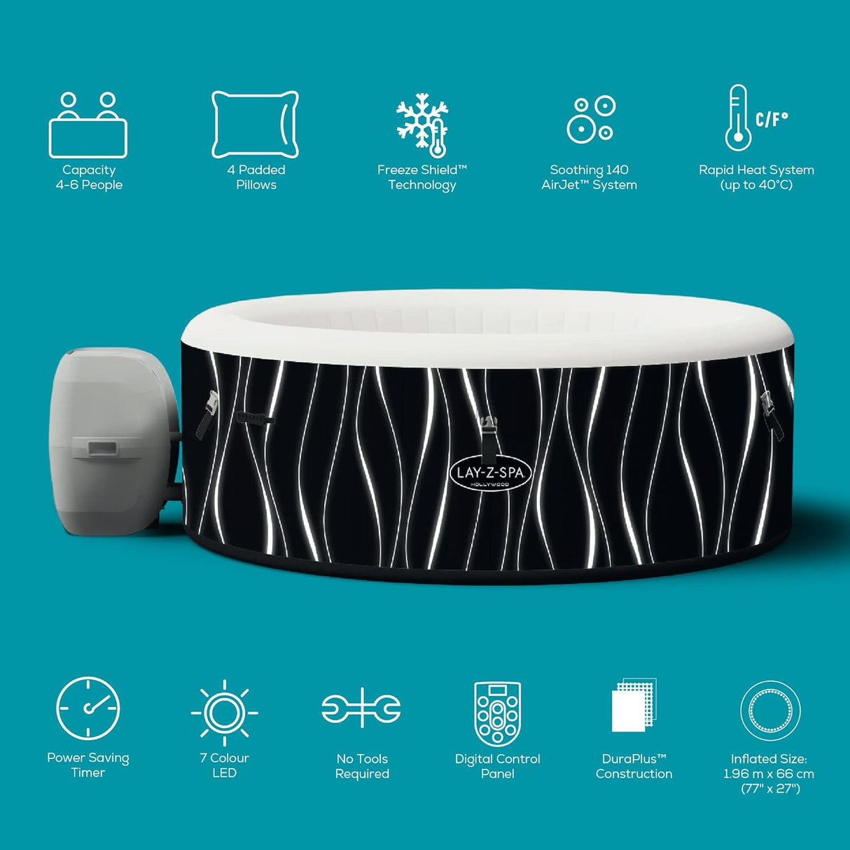 Hollywood Luxe AirJet Inflatable Hot Tub with LED Lights 4-6 person