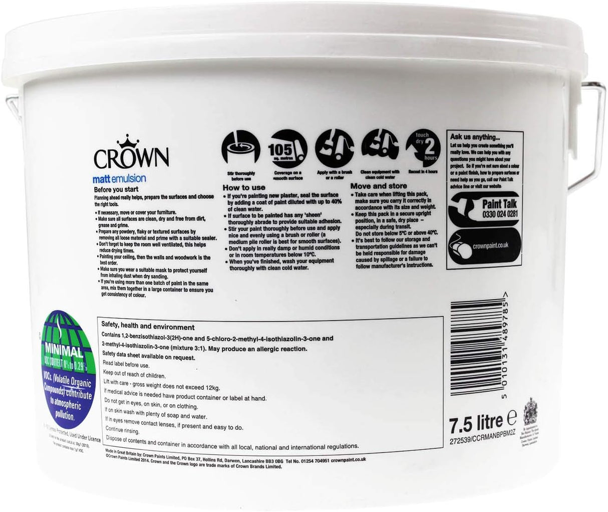 CROWN Matt Emulsion Paint 7.5L Pure Brilliant White