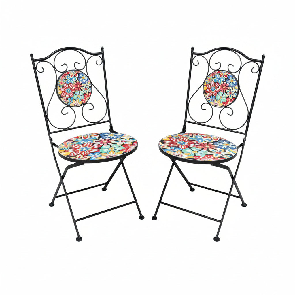 Bold Flower Print Mosaic Metal Bistro Pair of Chairs