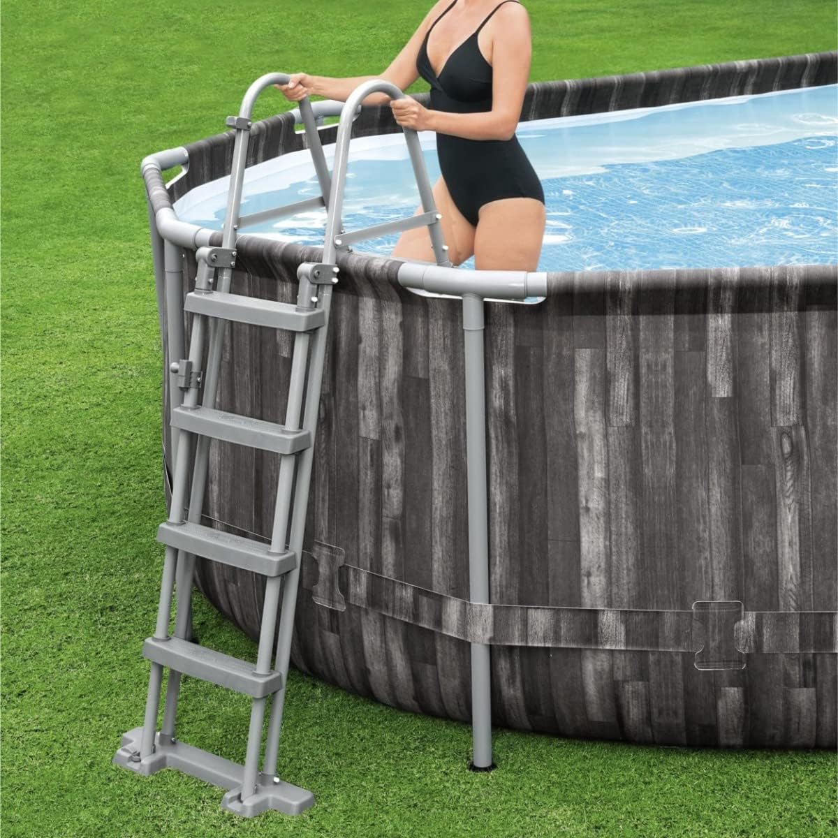 Bestway 20ft x 48in Wood Print Oval Power Steel Above Ground Pool Set
