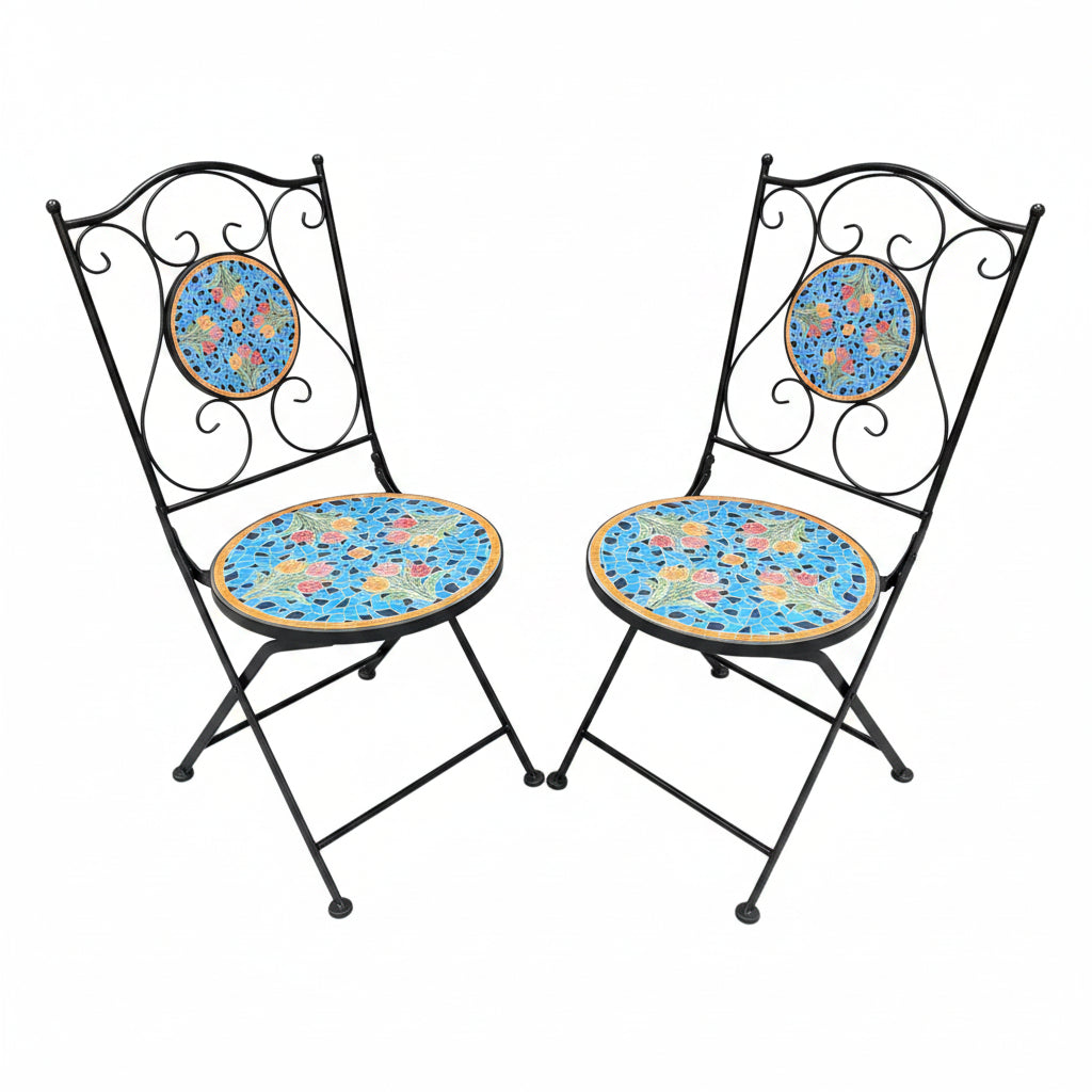 Blue Tulip Print Mosaic Metal Pair of Chairs