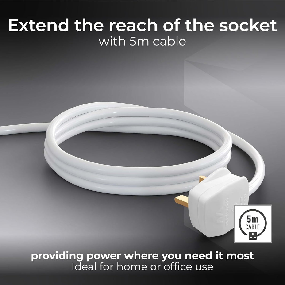 Four Socket Extension Lead, Unswitched, 5 Metre Cable, 4-Way Plug Extension Cable