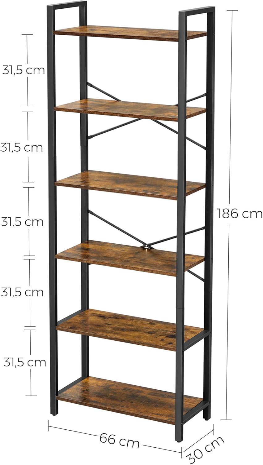 6-Tier Rustic Brown Bookcase - 66cm Wide