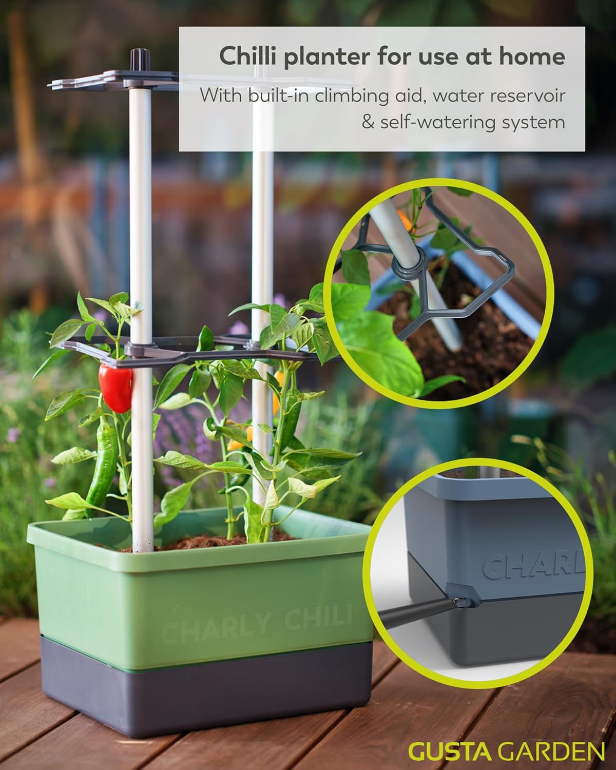 Charly Chili Planter Dark Green - Climbing Aid, Self-Watering System & Robust Frame