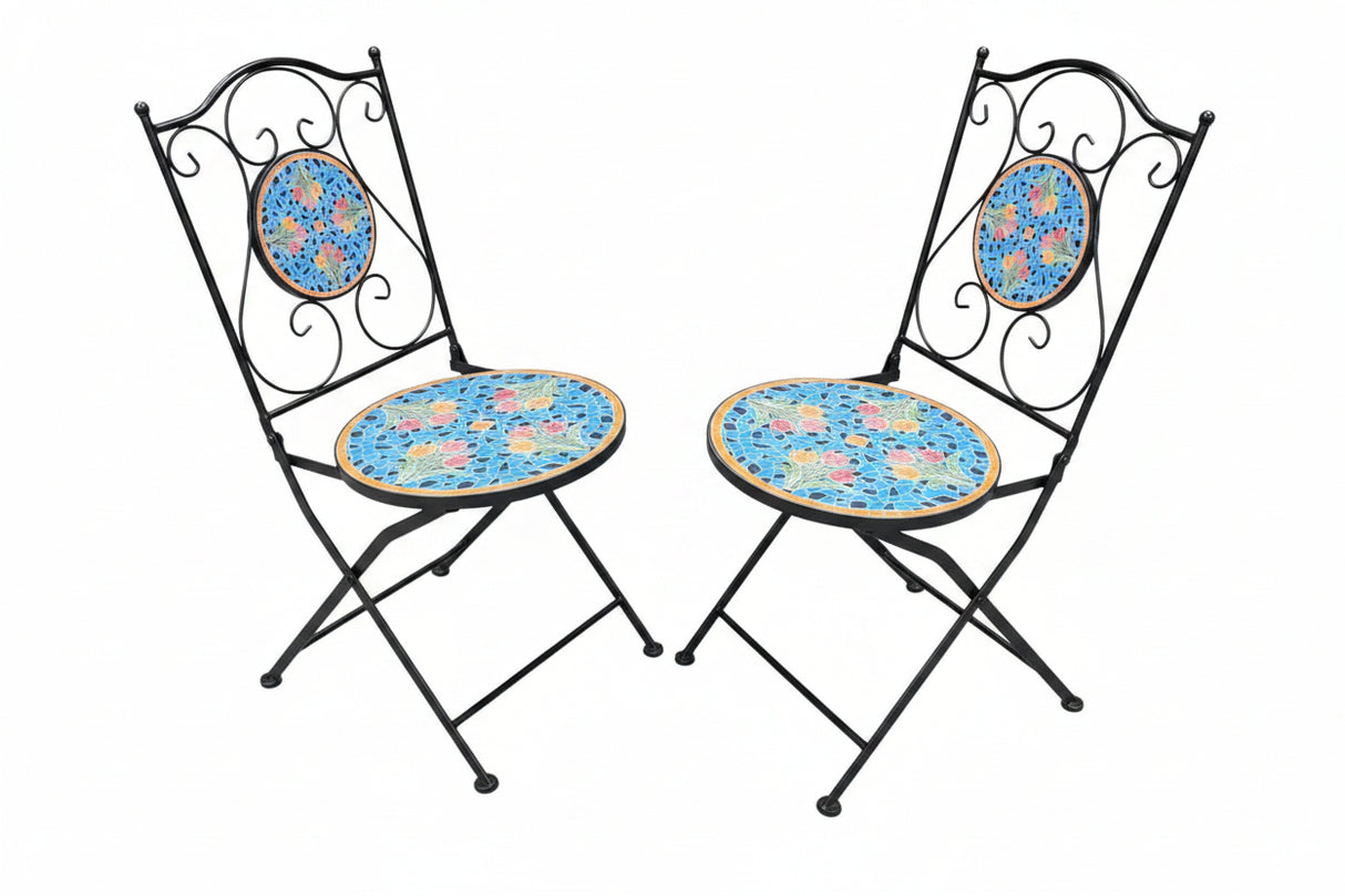 Blue Tulip Print Mosaic Metal Pair of Chairs
