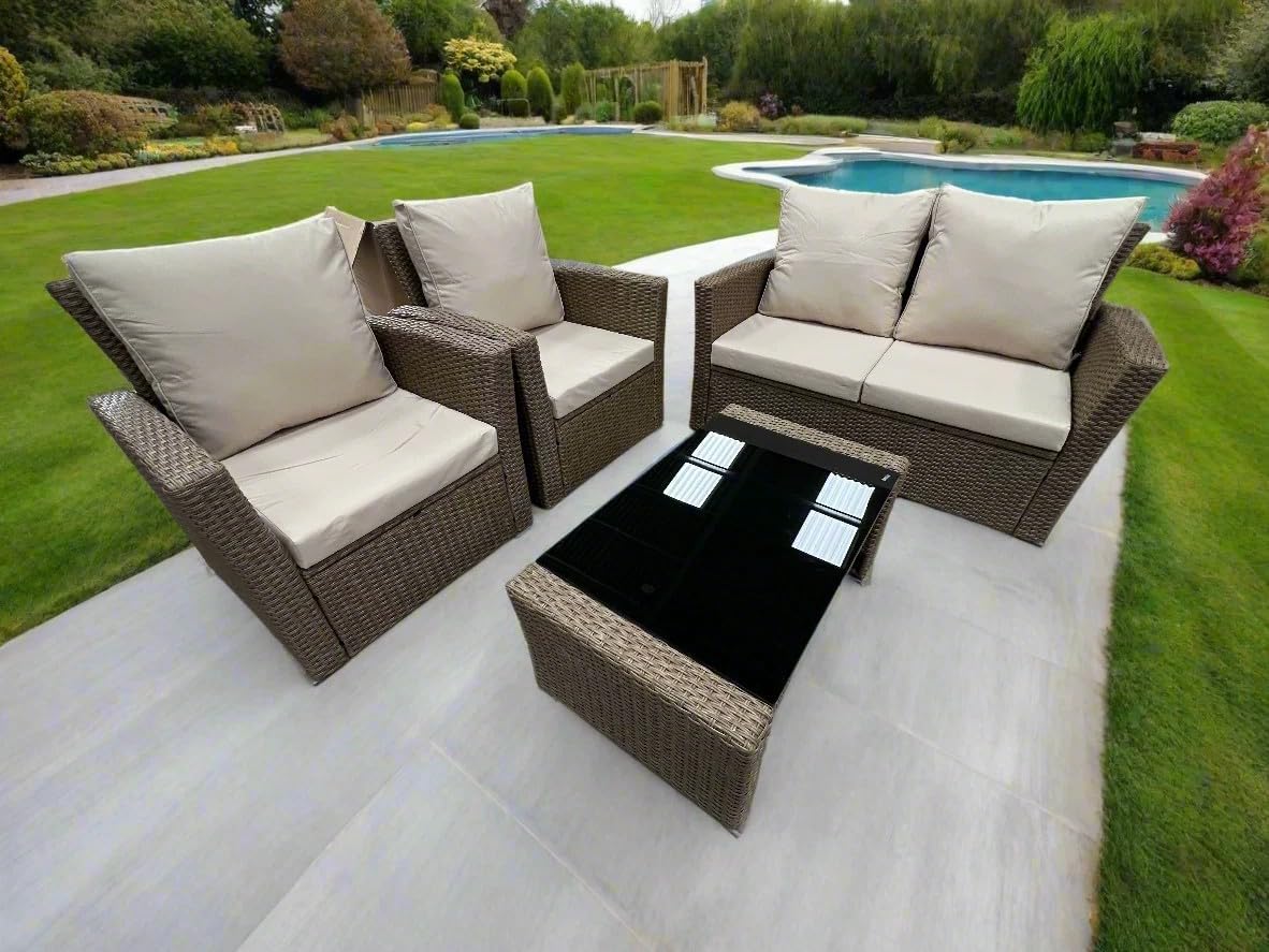 GSD Rattan 4 Piece Lounge Set - Light Brown Rattan with Beige Cushions