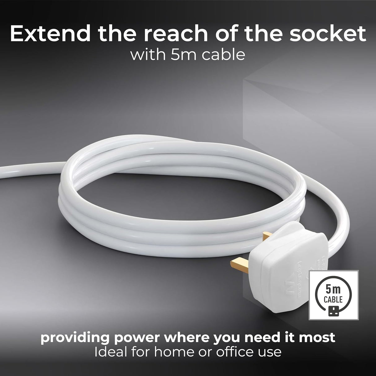 Two Socket Extension Lead, Unswitched, 5 Metre Cable, 2-Way Plug Extension Cable