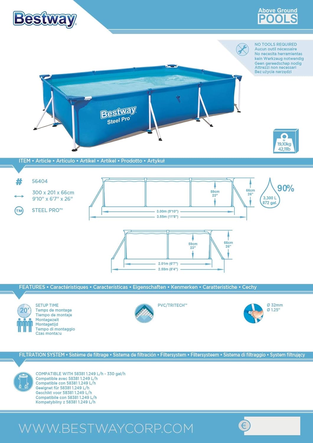 Bestway 9ft x 6.7ft x 26in Navy Blue Rectangle Steel Pro Above Ground Pool