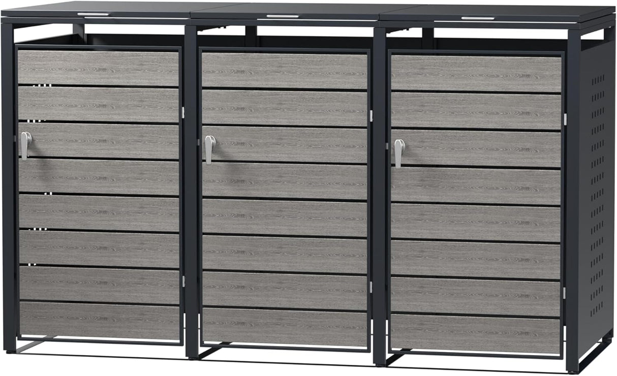Modern Wheelie Bin Storage - Triple Bin - Wood Grain