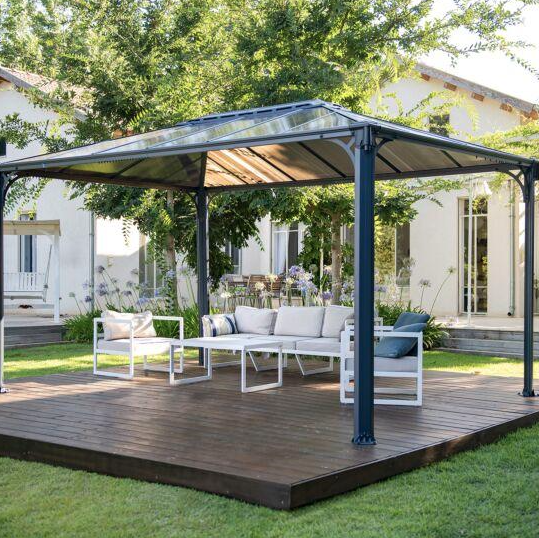 Martinique 3m x 4.3m Garden Gazebo in Grey Aluminium with Polycarbonate Roof