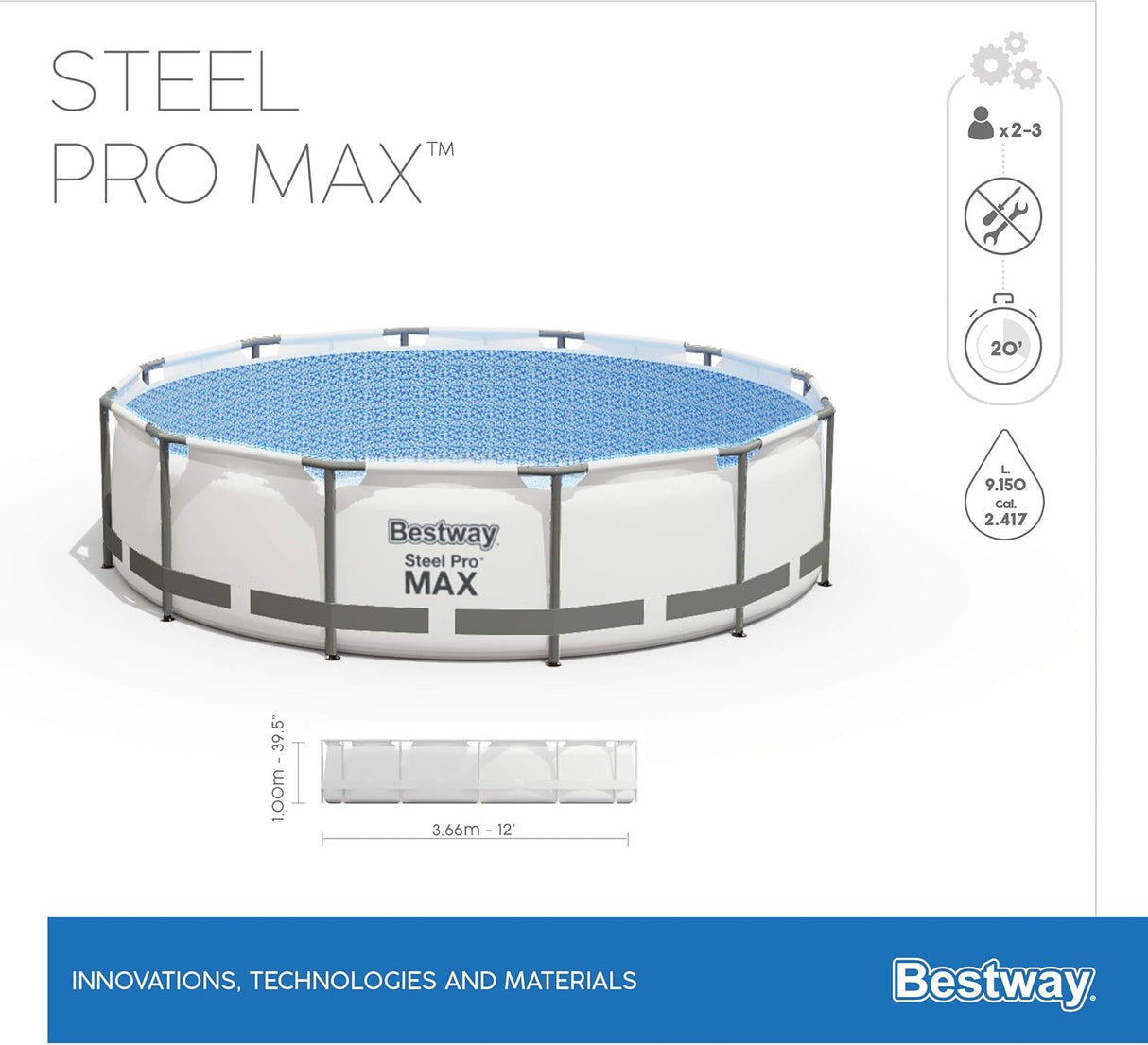 Bestway 12ft x 39.5in Grey Round Steel Pro Max Above Ground Pool Set