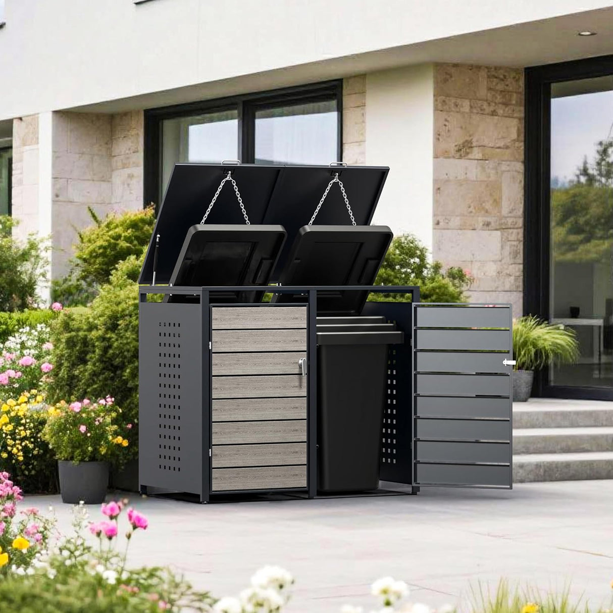 Modern Wheelie Bin Storage - Double Bin - Wood Grain