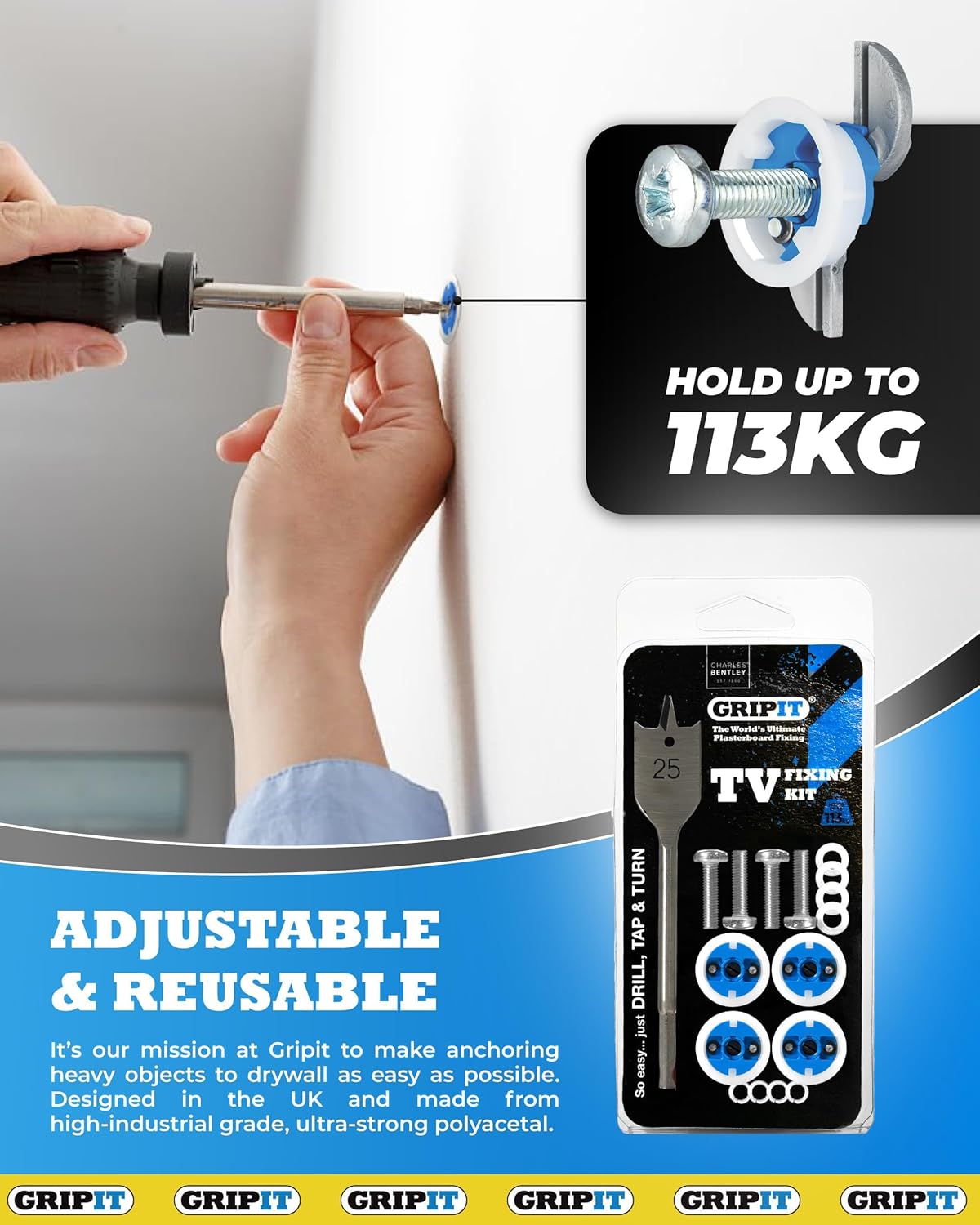 Blue TV Kit - Pack of 4 - Heavy Duty Plasterboard Fixings for Drywall & Stud Wall