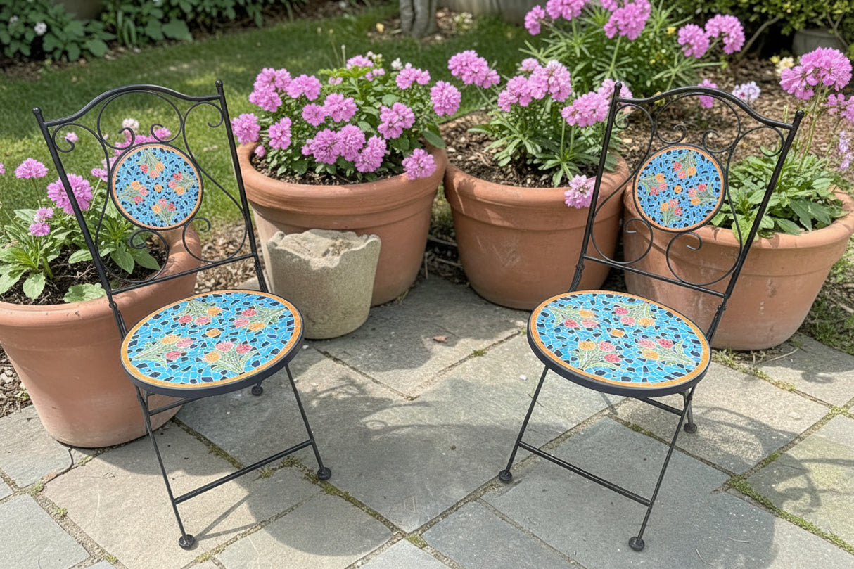 Blue Tulip Print Mosaic Metal Pair of Chairs