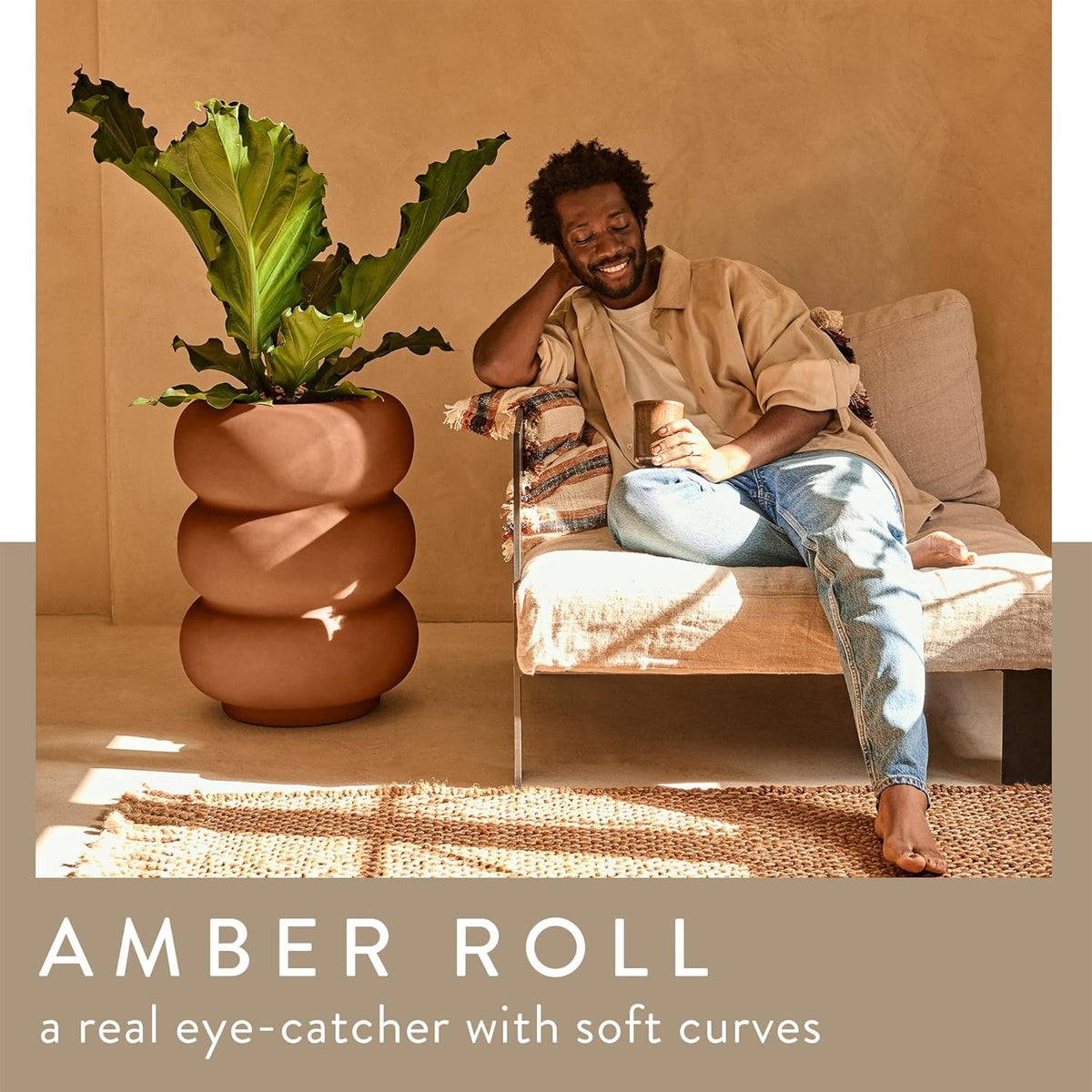 Amber Roll High 43cm Indoor / Outdoor Plant Pot - Caramel