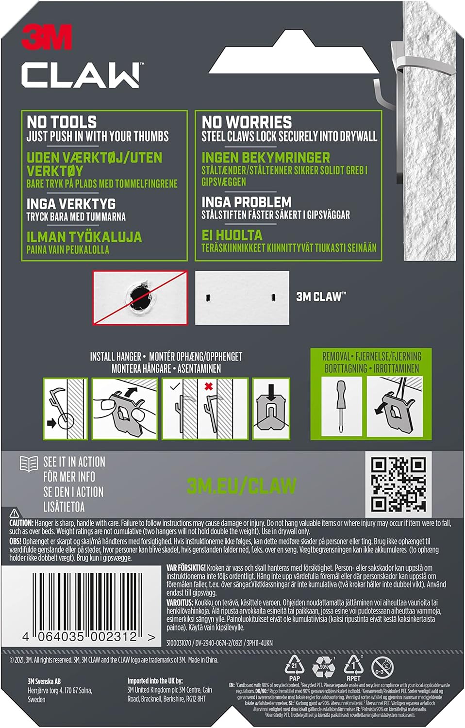 Plasterboard Picture Hanging Wall Hooks 4 Hangers - Holds up to 11 kg