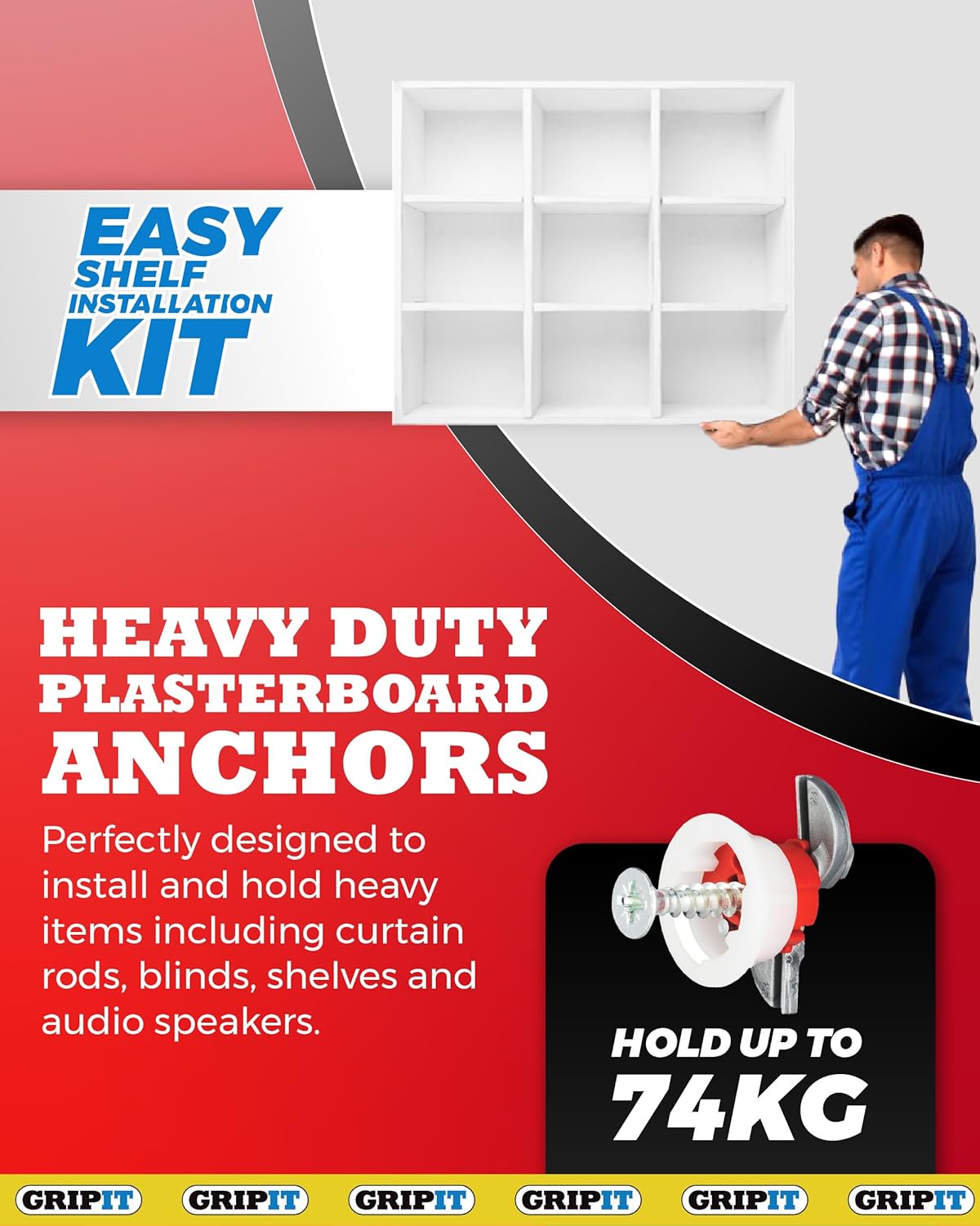 Red Shelf Kit - Pack of 4 - Heavy Duty Plasterboard Fixings for Drywall & Stud Wall