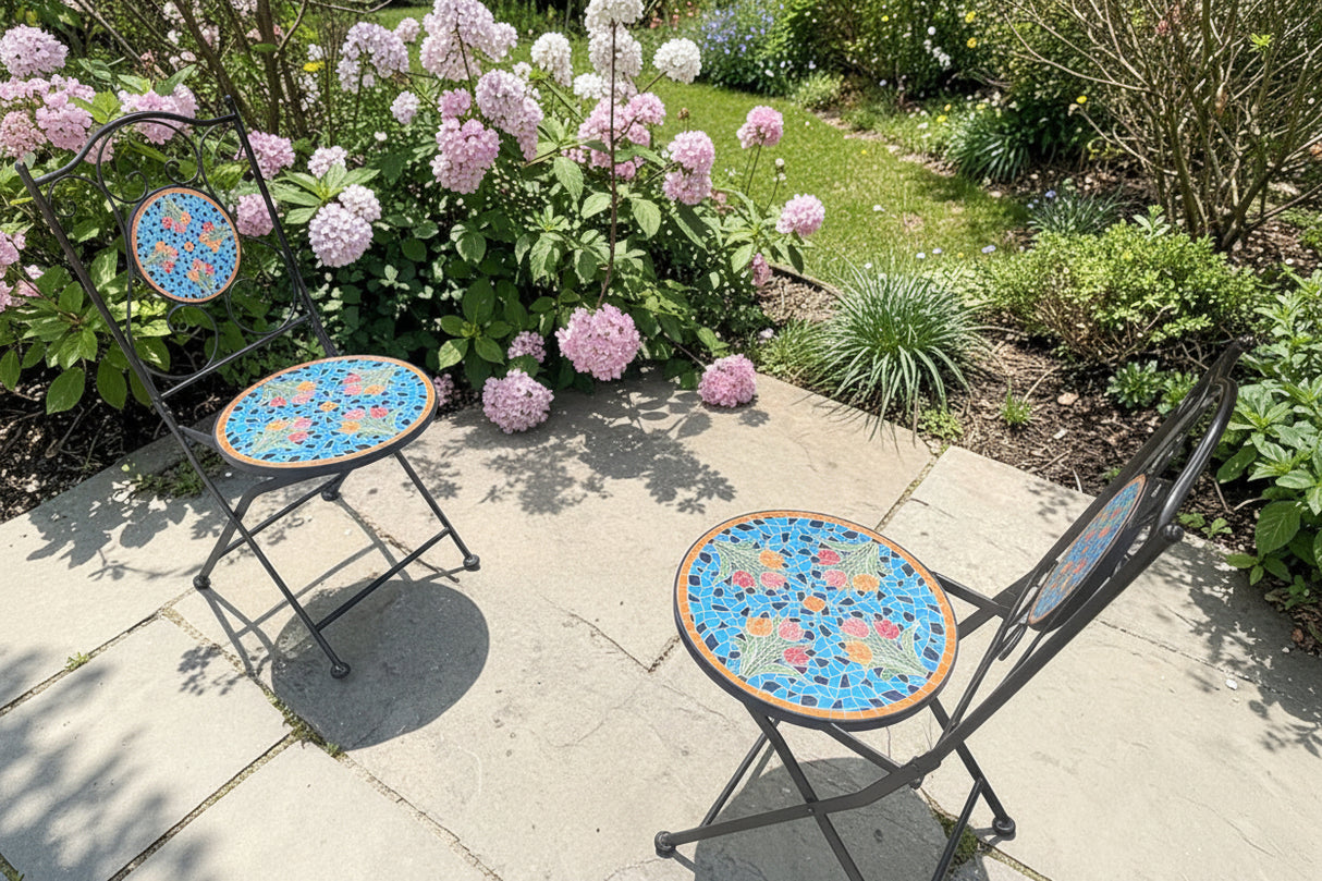 Blue Tulip Print Mosaic Metal Pair of Chairs