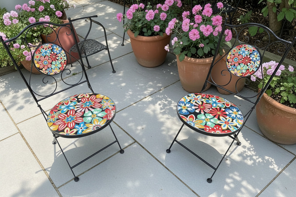 Bold Flower Print Mosaic Metal Bistro Pair of Chairs