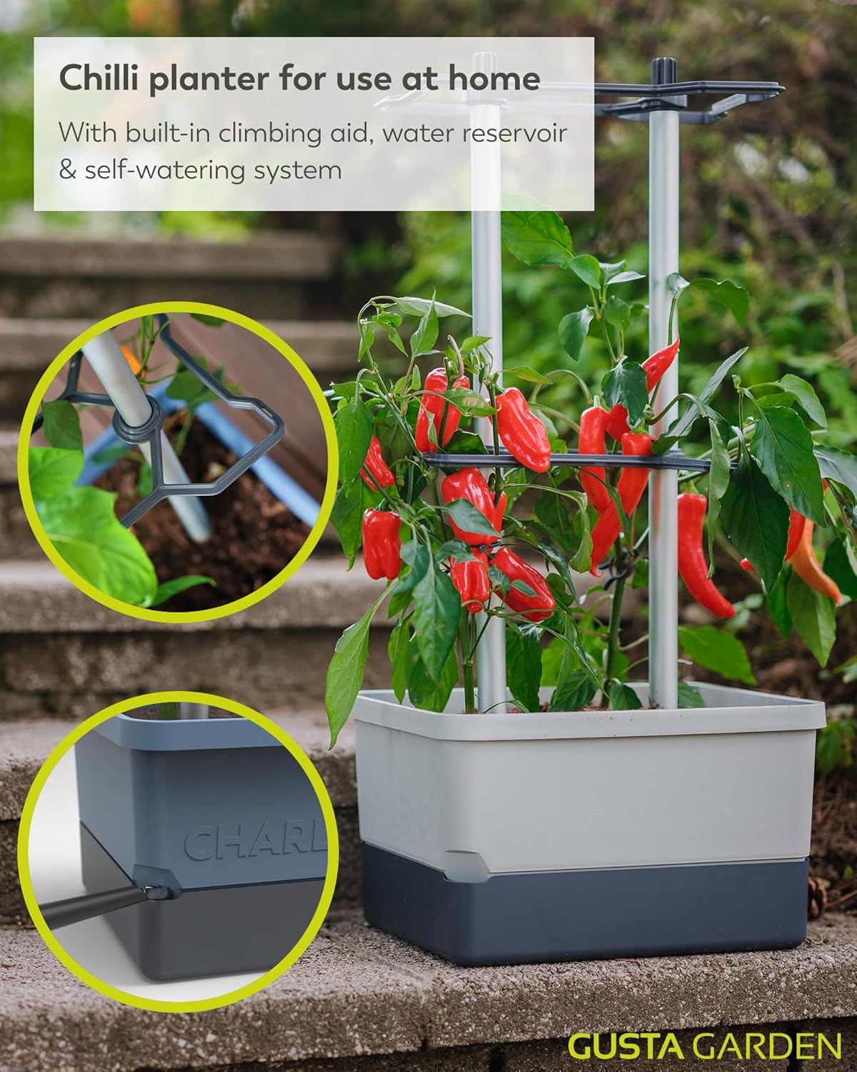 Charly Chili Planter Light Grey - Climbing Aid, Self-Watering System & Robust Frame