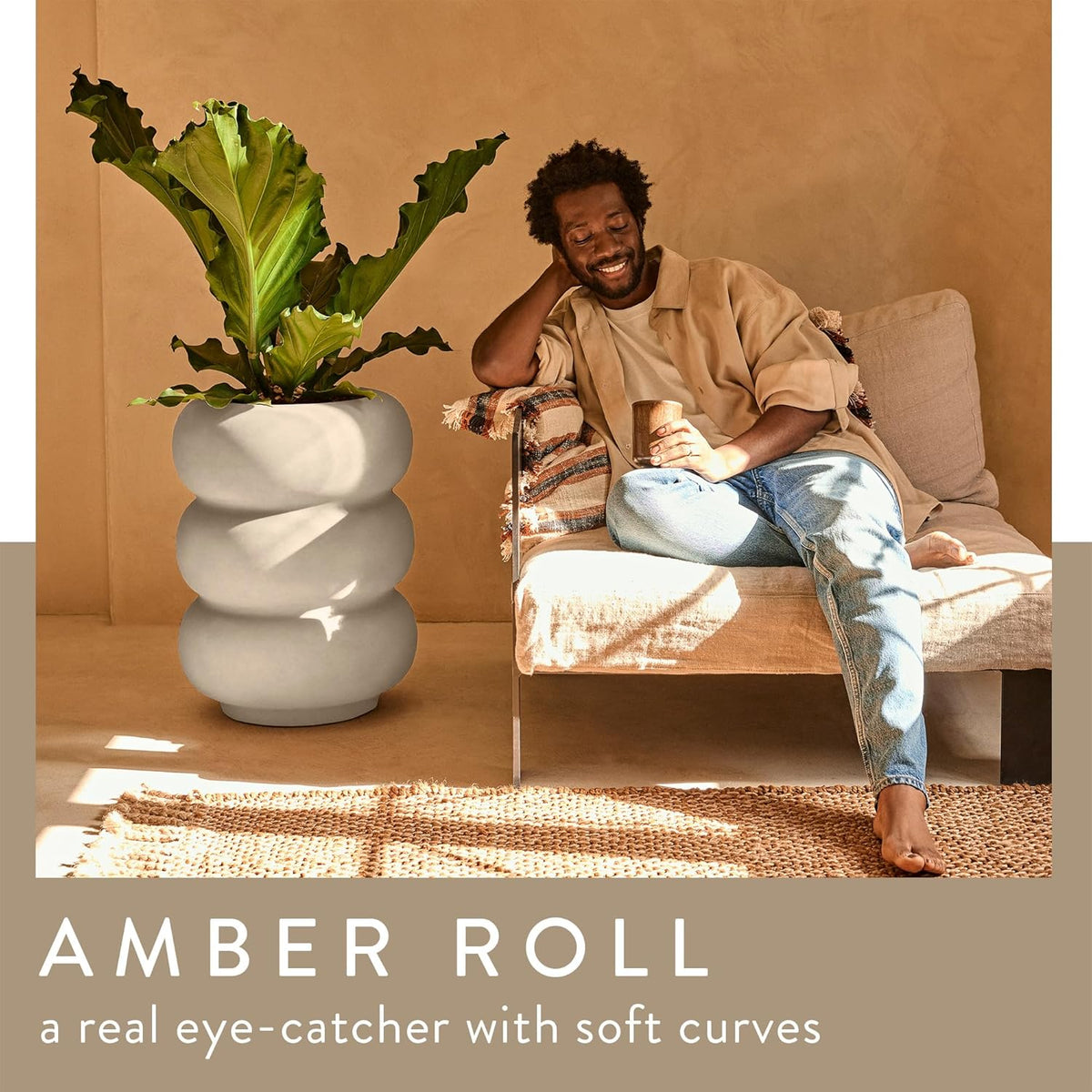 Amber Roll High 43cm Indoor / Outdoor Plant Pot - Linen White