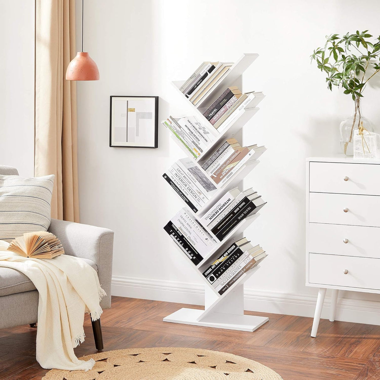 Modern 8 Tier White Wooden Bookshelf