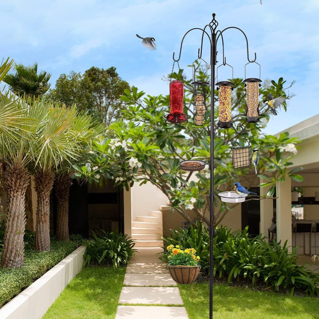 Wild Bird Feeding Station Kit - Heavy Duty Pole Multi-Feeder Hanging Kit, Metal Suet Feeder and Bird Bath
