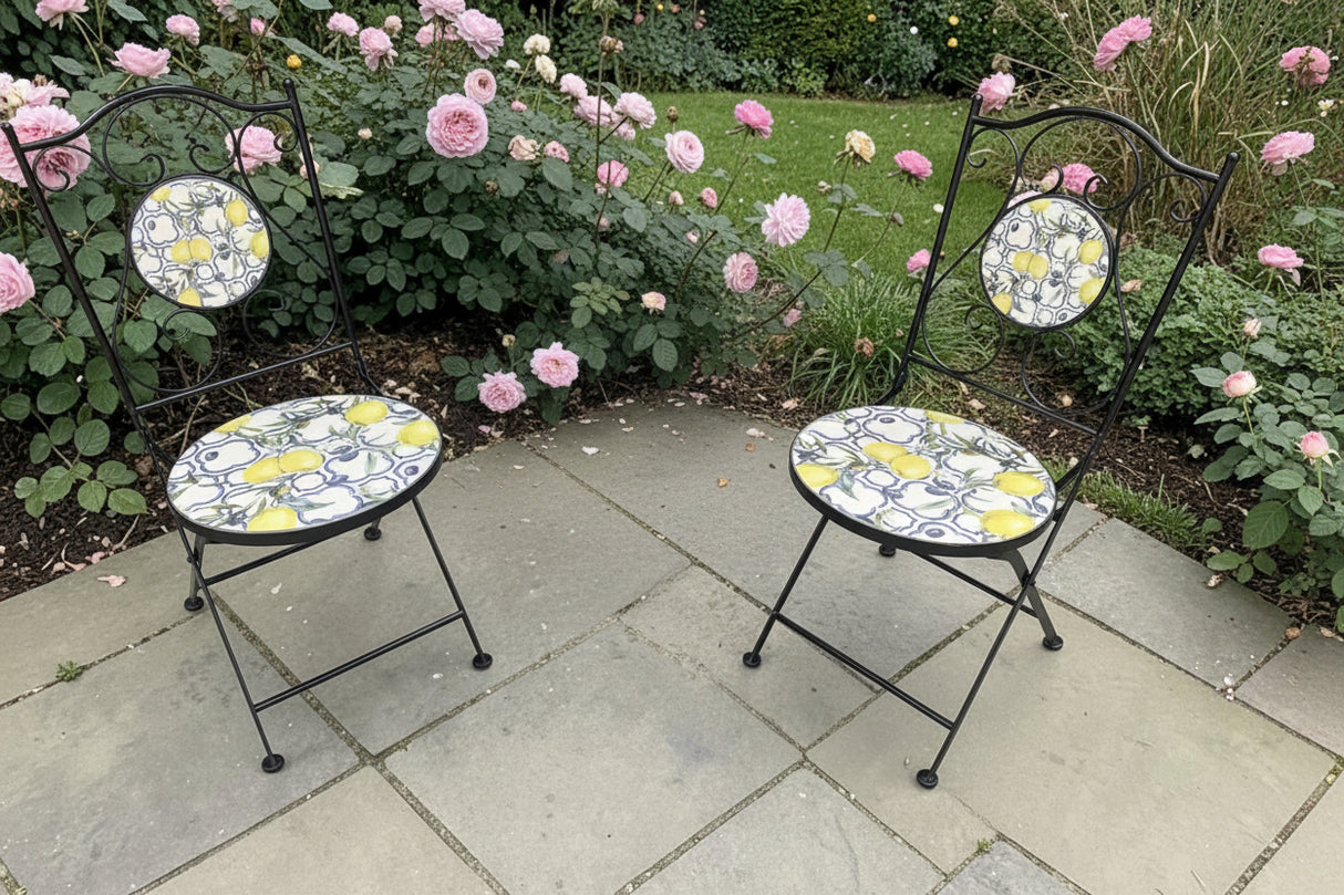 Lemon and Olive Print Mosaic Metal Bistro Pair of Chairs