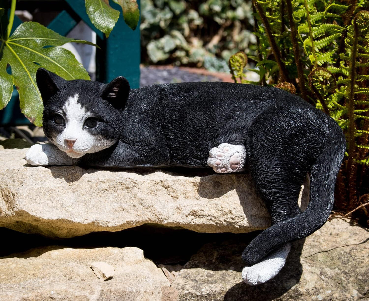 Large Laying Black & White Cat Garden Ornament