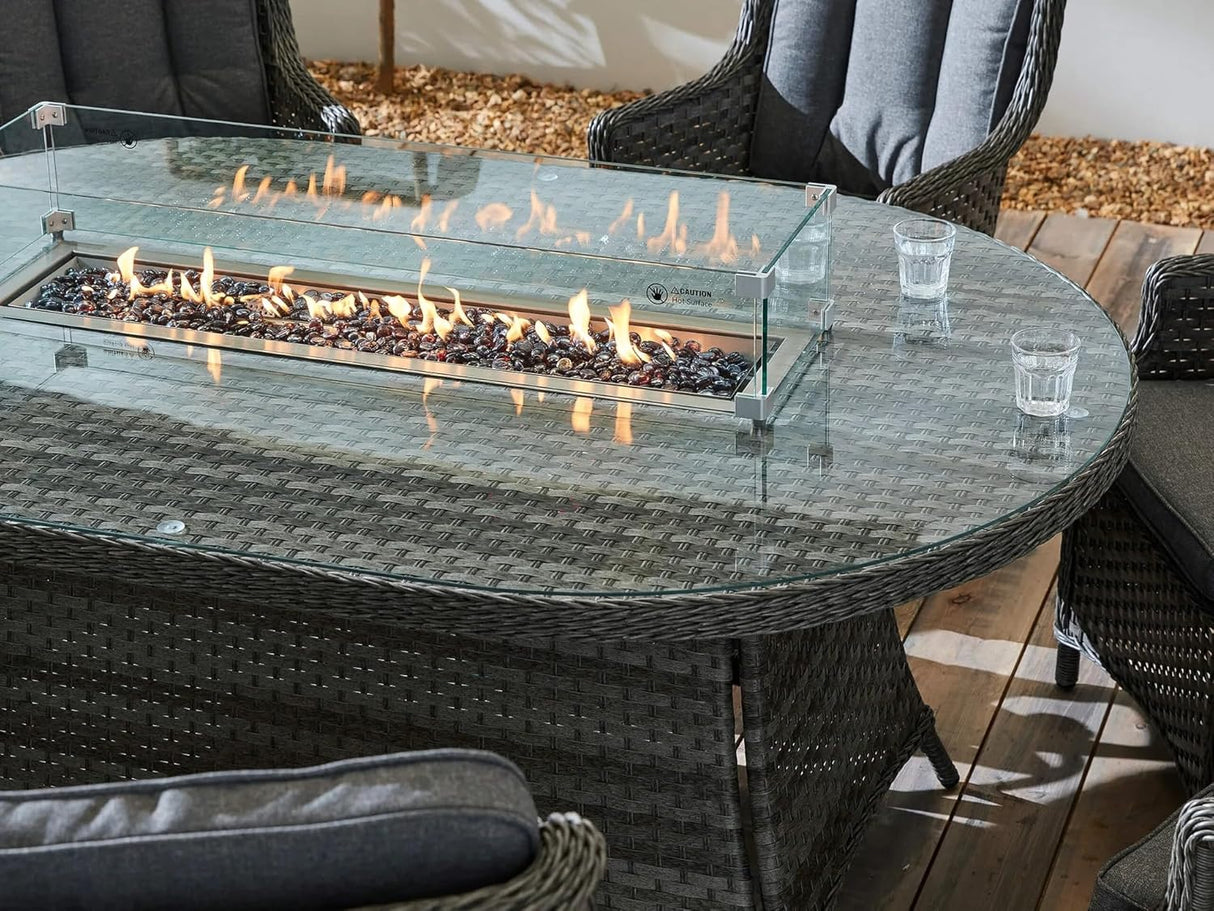 Amalfi High Back 6 Seat Oval Dining Set with Fire Pit Table in Grey