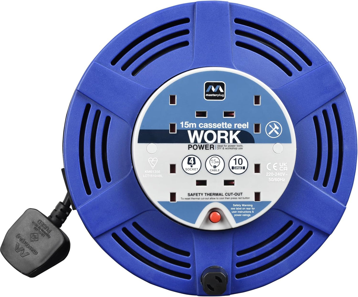 Four Socket Cassette Cable Reel 15 Metres - Blue
