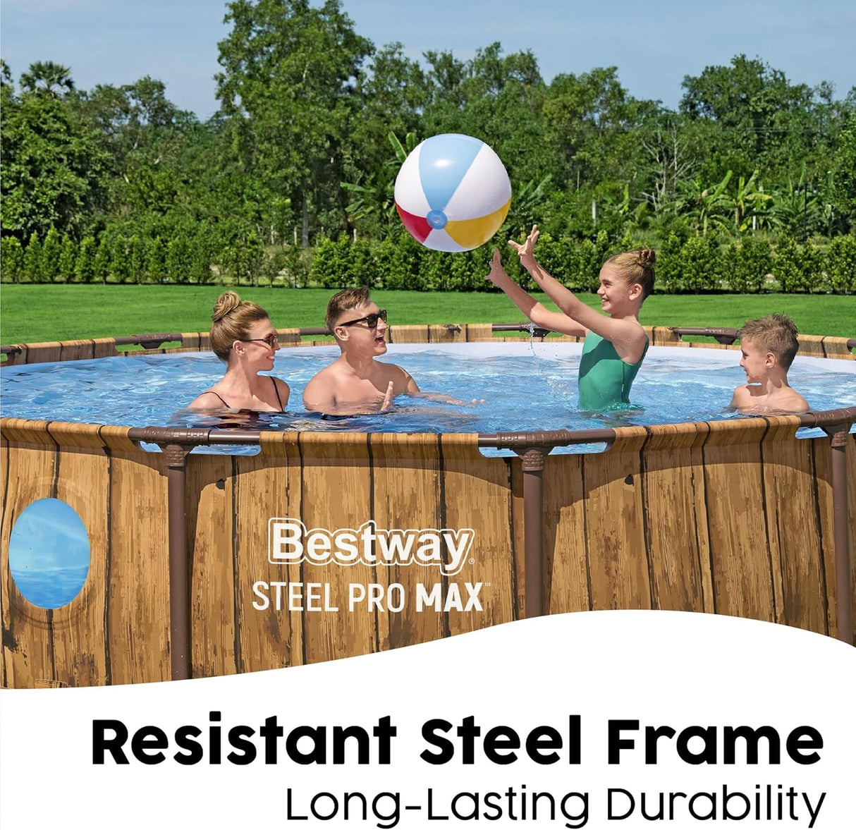 Bestway 14ft x 42in Wood Print Round Steel Pro Max Splashview Above Ground Pool Set